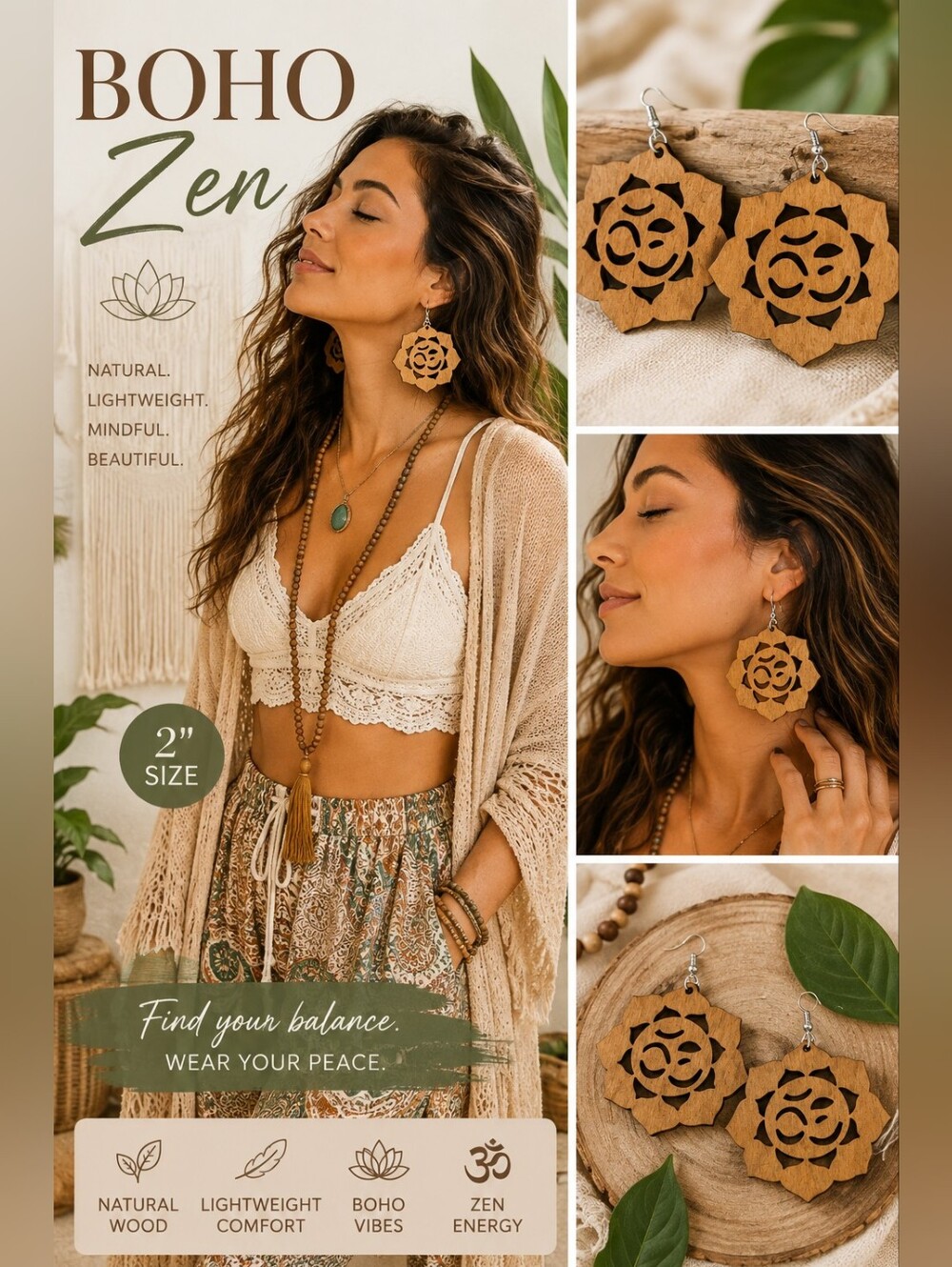 Lotus OM Wooden Drop Earrings | Lightweight Boho Yoga Earrings